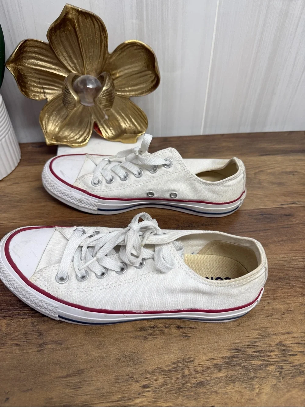 Converse Kids White Canvas Low Top Sneakers with Red Trim